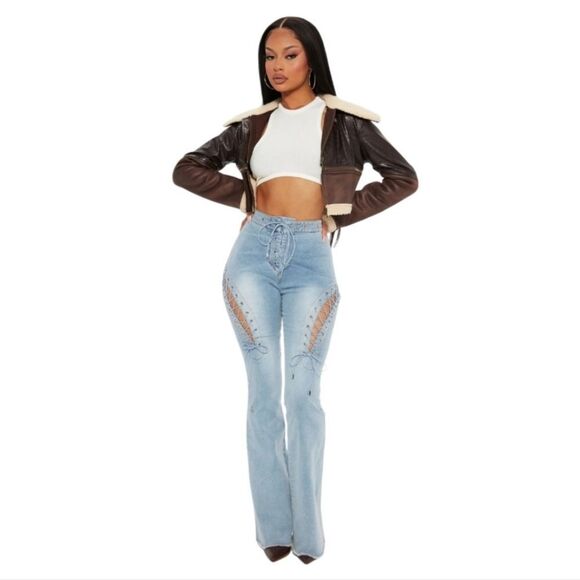 Fashion Nova La Brea Laced Up Flare‎ Jeans - Light Blue Wash - Picture 1 of 13